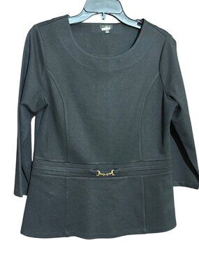Talbots Black Ponte Peplum Top Gold Hook 3/4 Sleeves Stretch Pull On Size MP